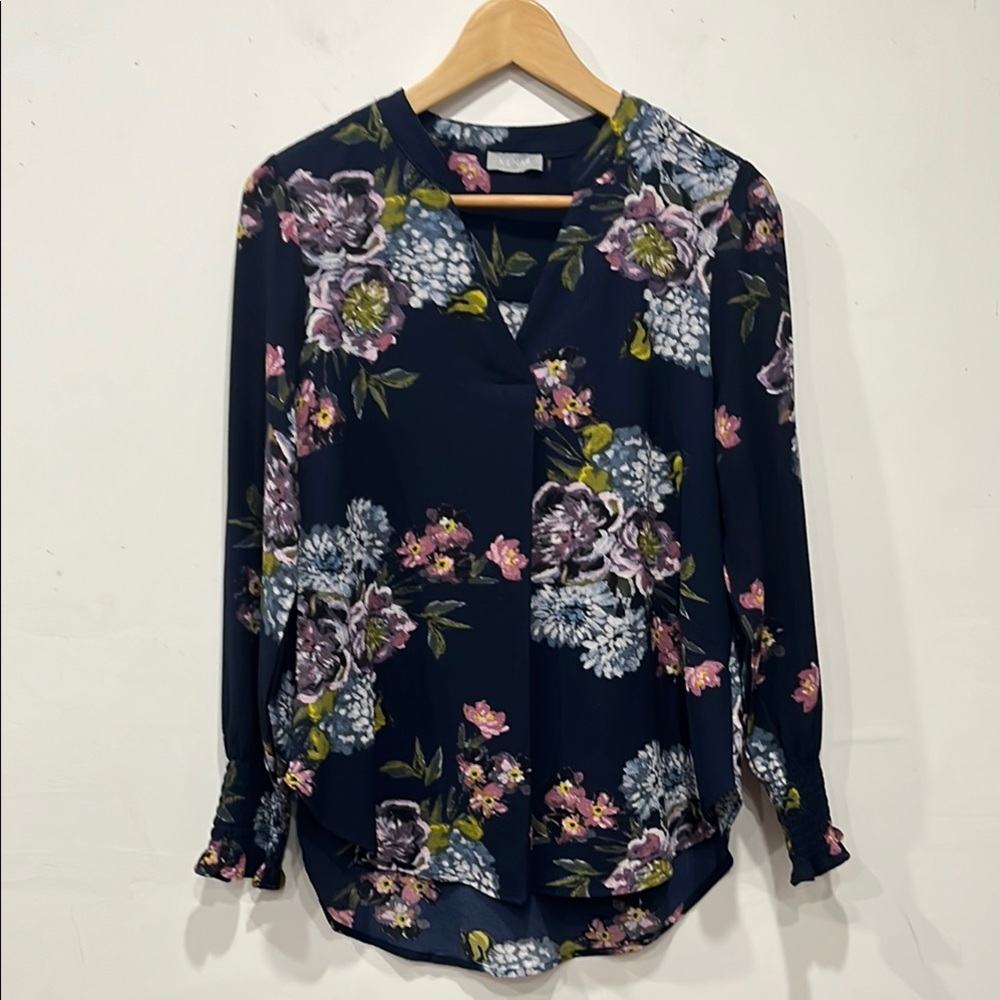Kenar Ling Sleeve Pullover Blouse V neck Floral Navy Blue Pink size S